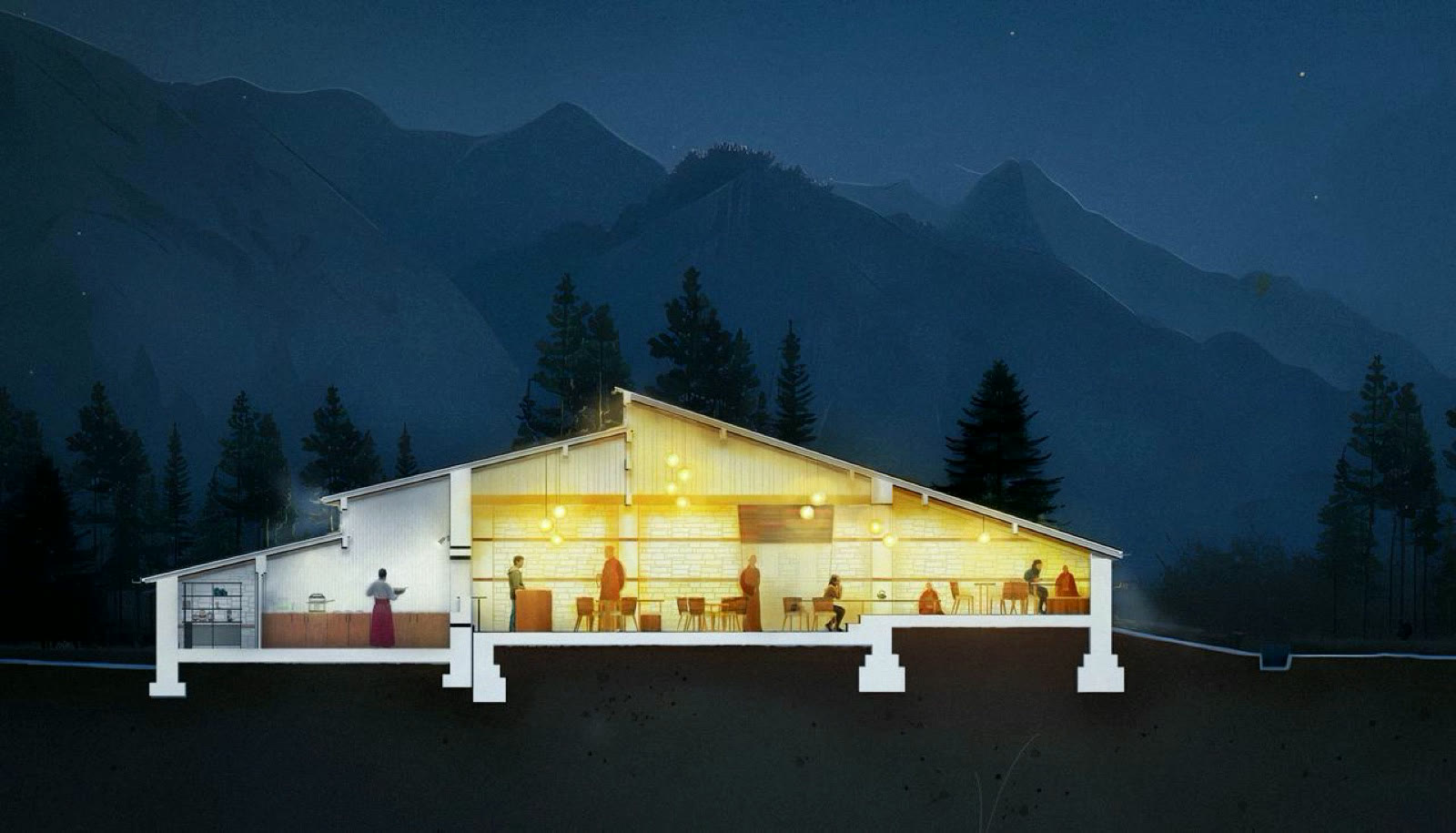 Grand Café 夜景渲染圖:深藍山谷中一棟亮著燈的長屋